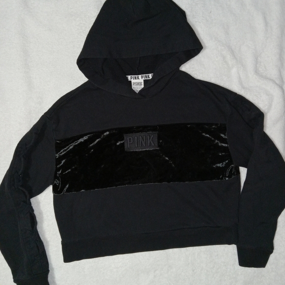 PINK Victoria's Secret Tops - PINK Black Lace Sleeve Velvet Cropped Hoodie size XS